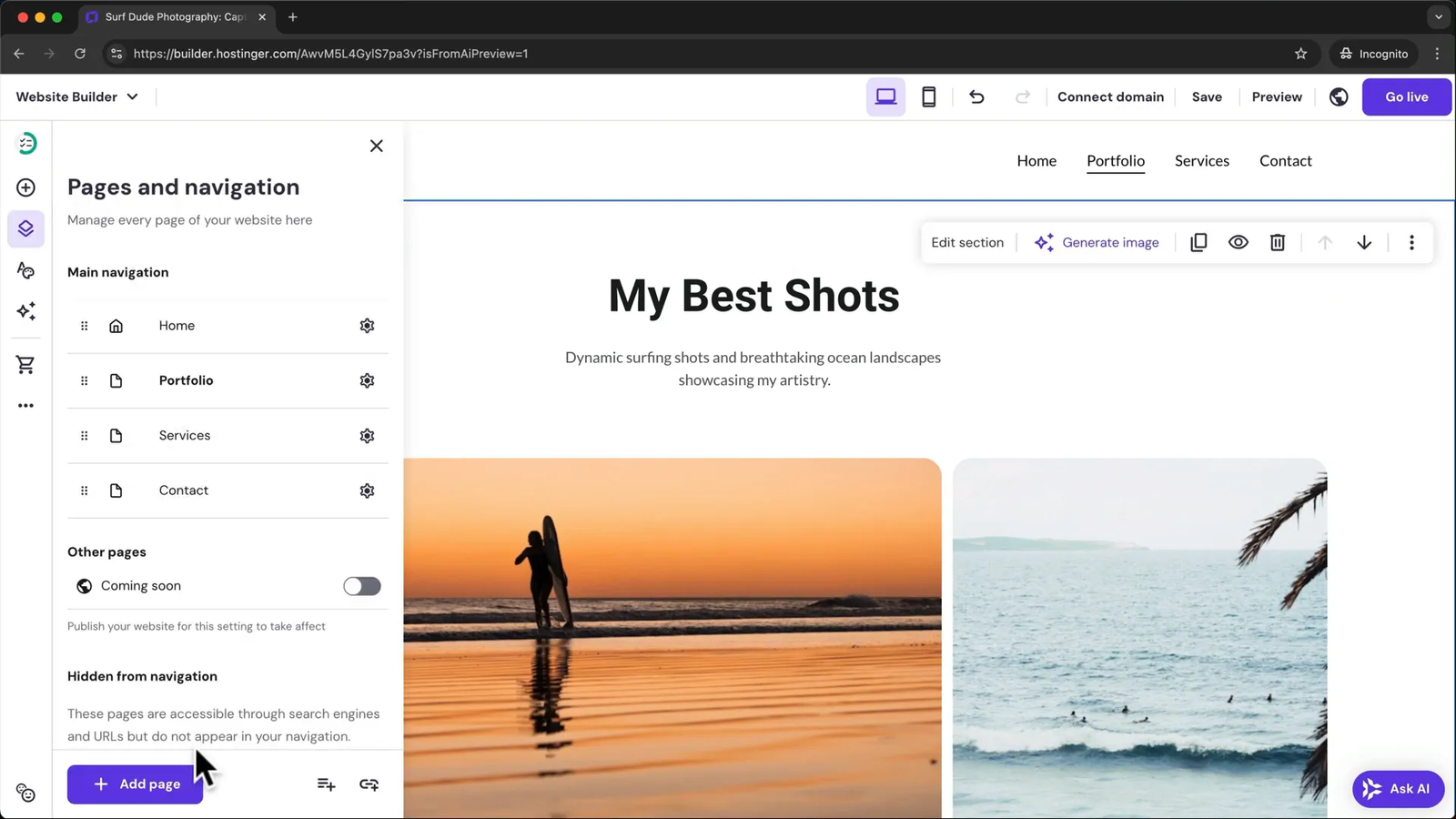 Adding and managing pages in Hostinger