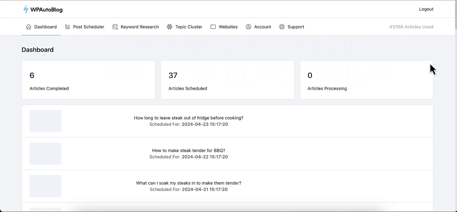 WP Auto Blog software dashboard showing integration with WordPress