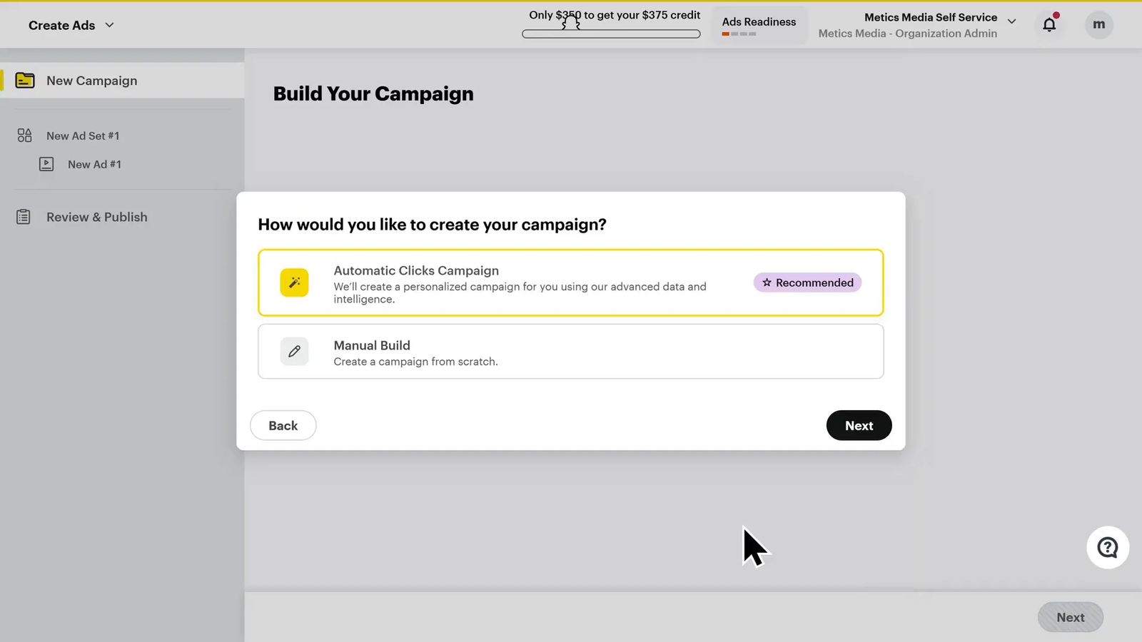 Campaign creation interface with objective selection and campaign naming