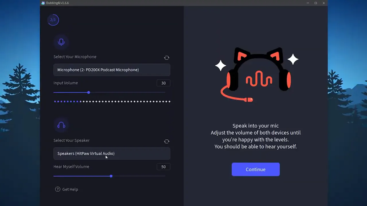 Dubbing AI microphone and speaker selection screen