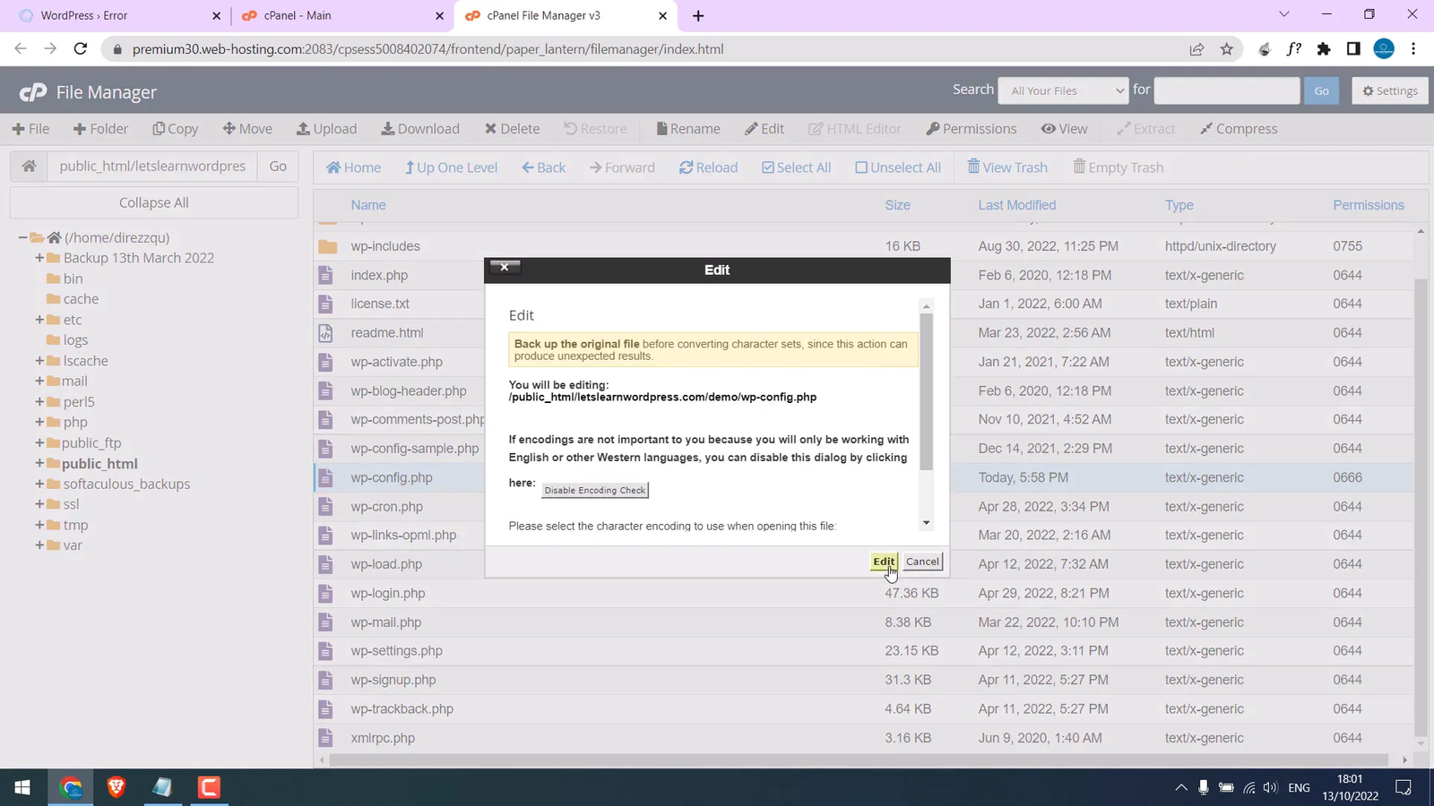 Editing wp-config.php file in cPanel file manager