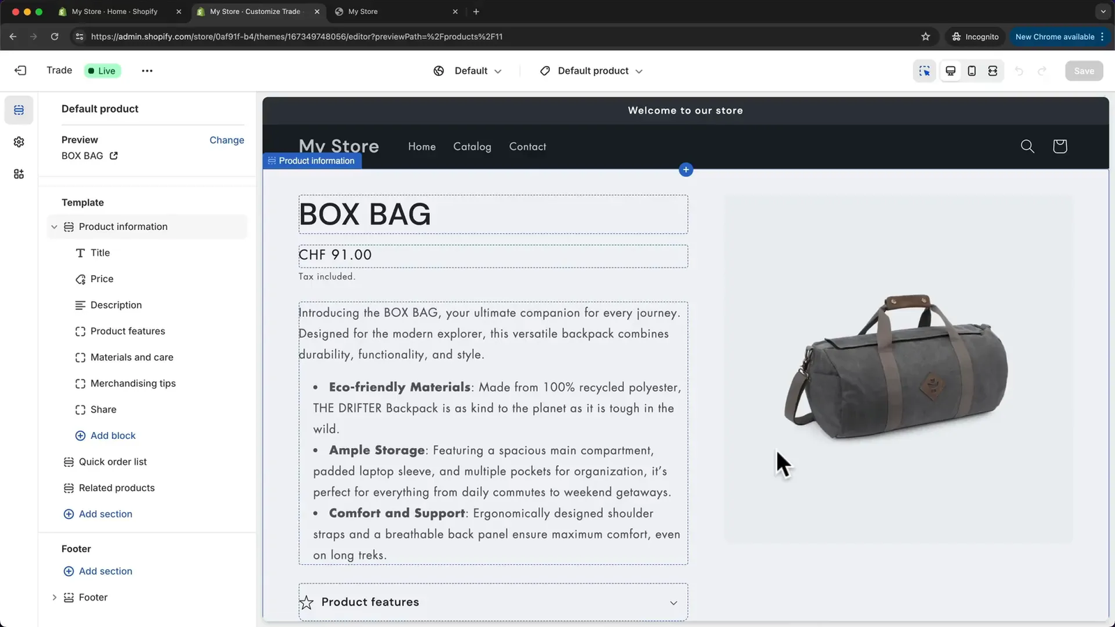 Customizing product page in Shopify page builder