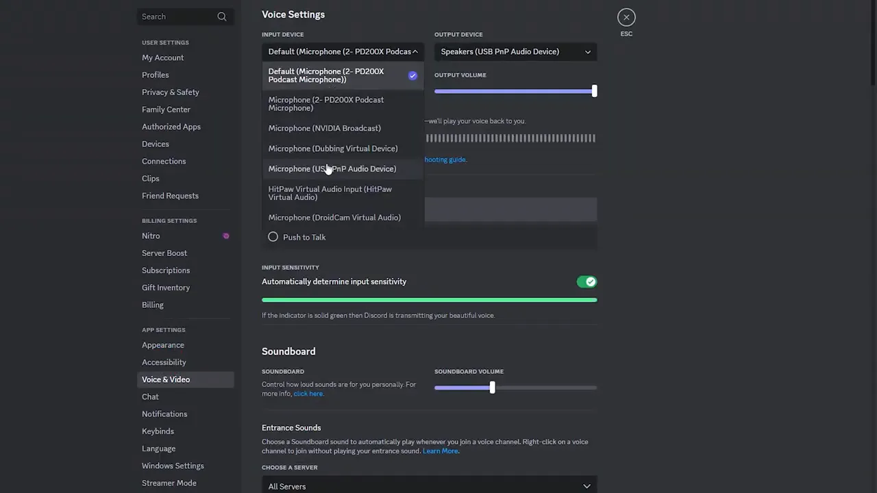 Discord voice and video settings with Dubbing AI selected as input device