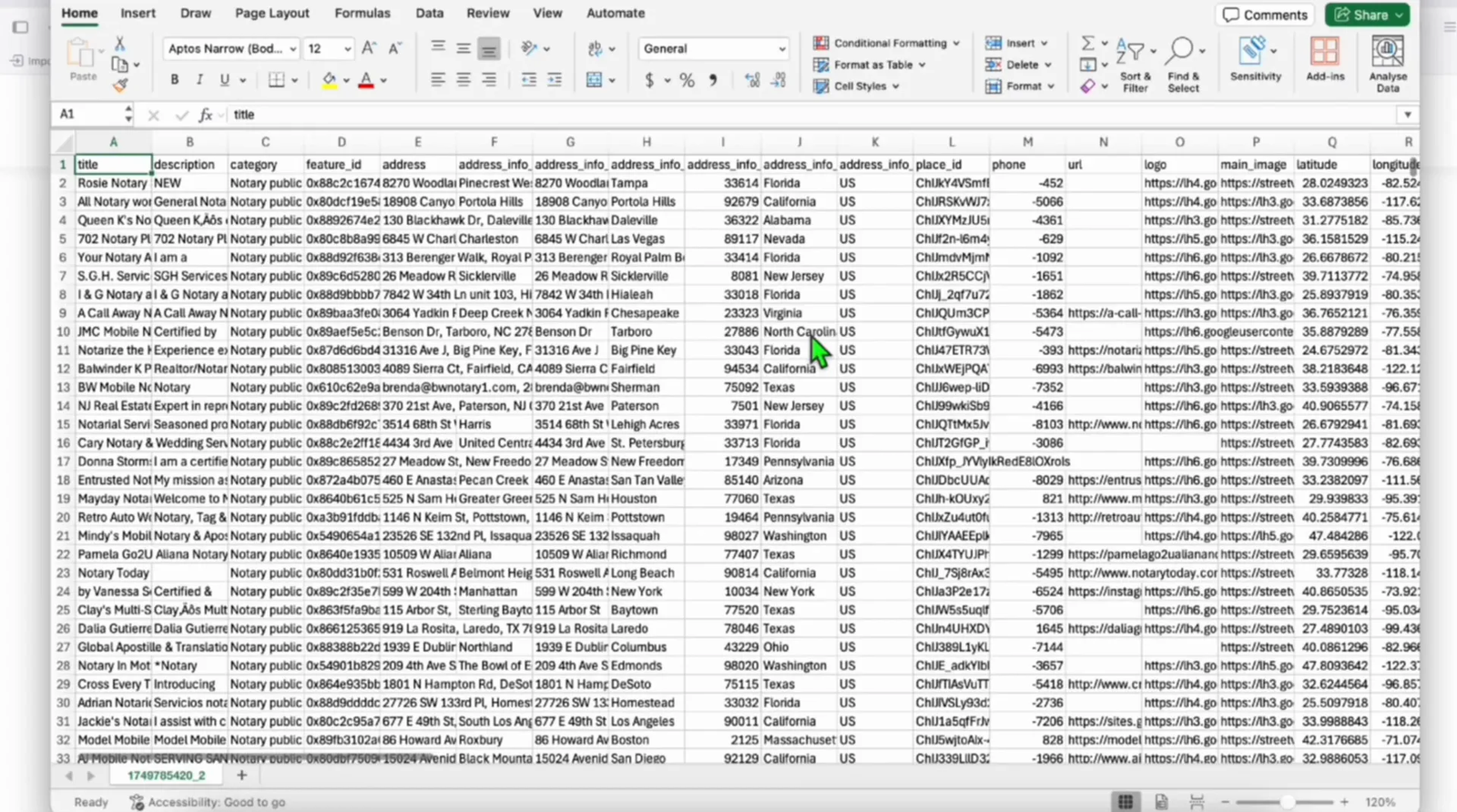 Excel spreadsheet showing cleaned notary public listings ready for upload