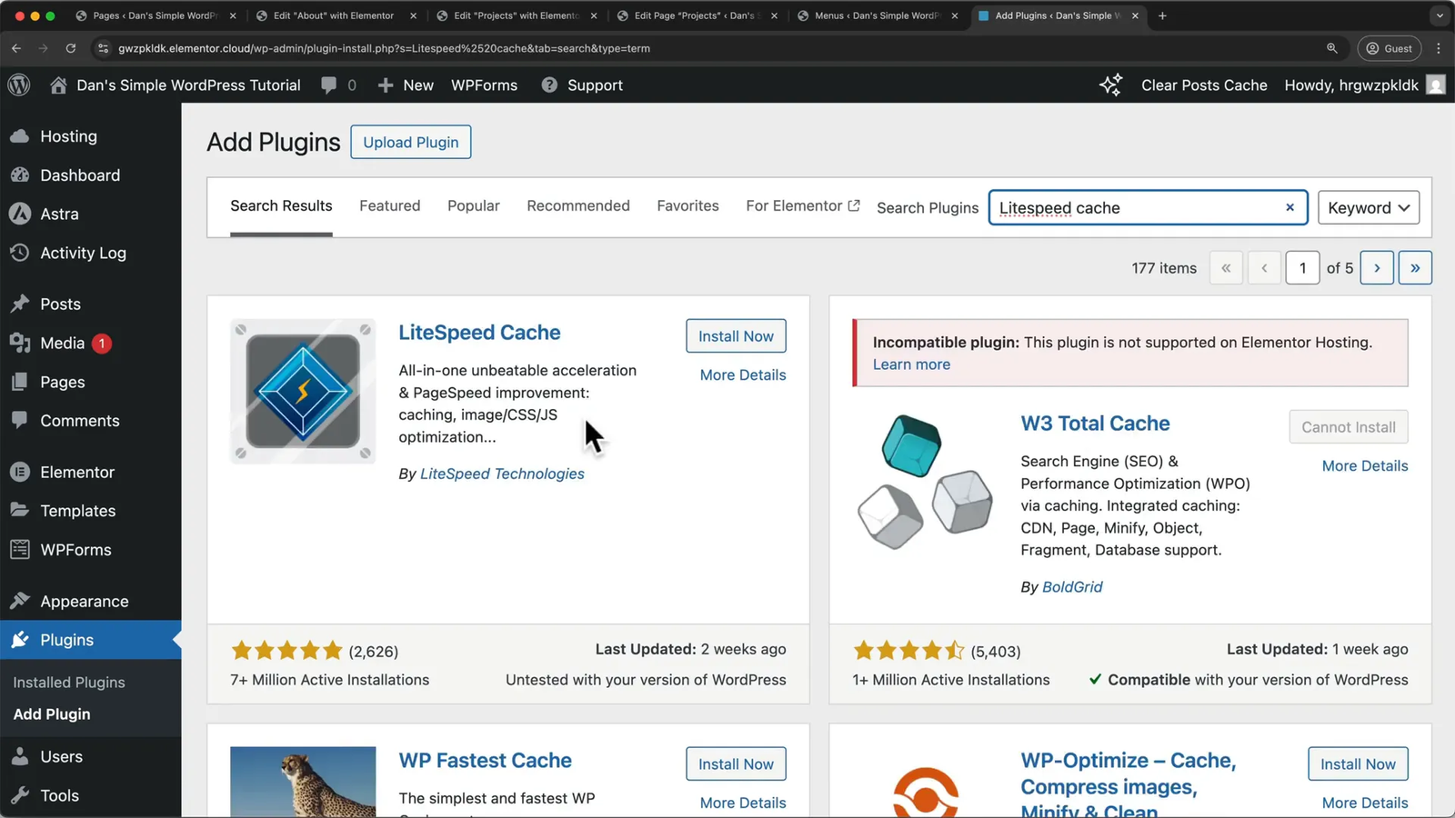 Installing and activating LiteSpeed Cache plugin in WordPress