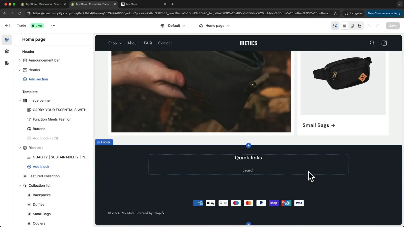 Footer customization with policy links and social media icons