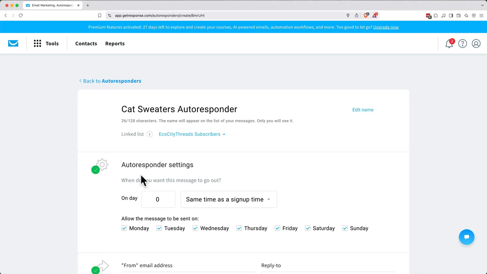 Setting up autoresponder email with promotional code in GetResponse