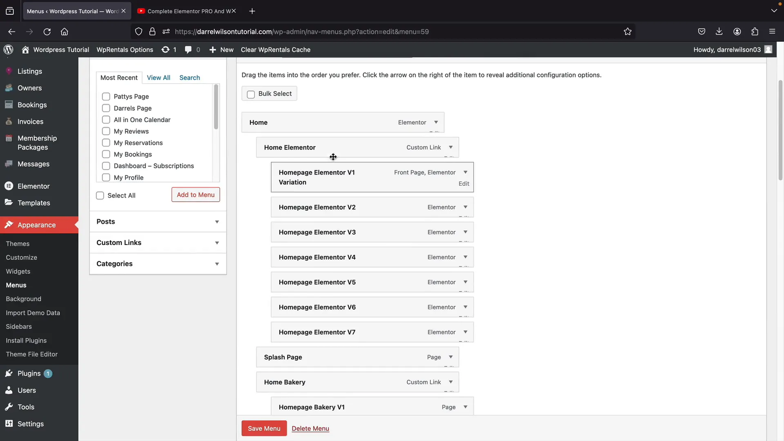WordPress menu editor with pages added