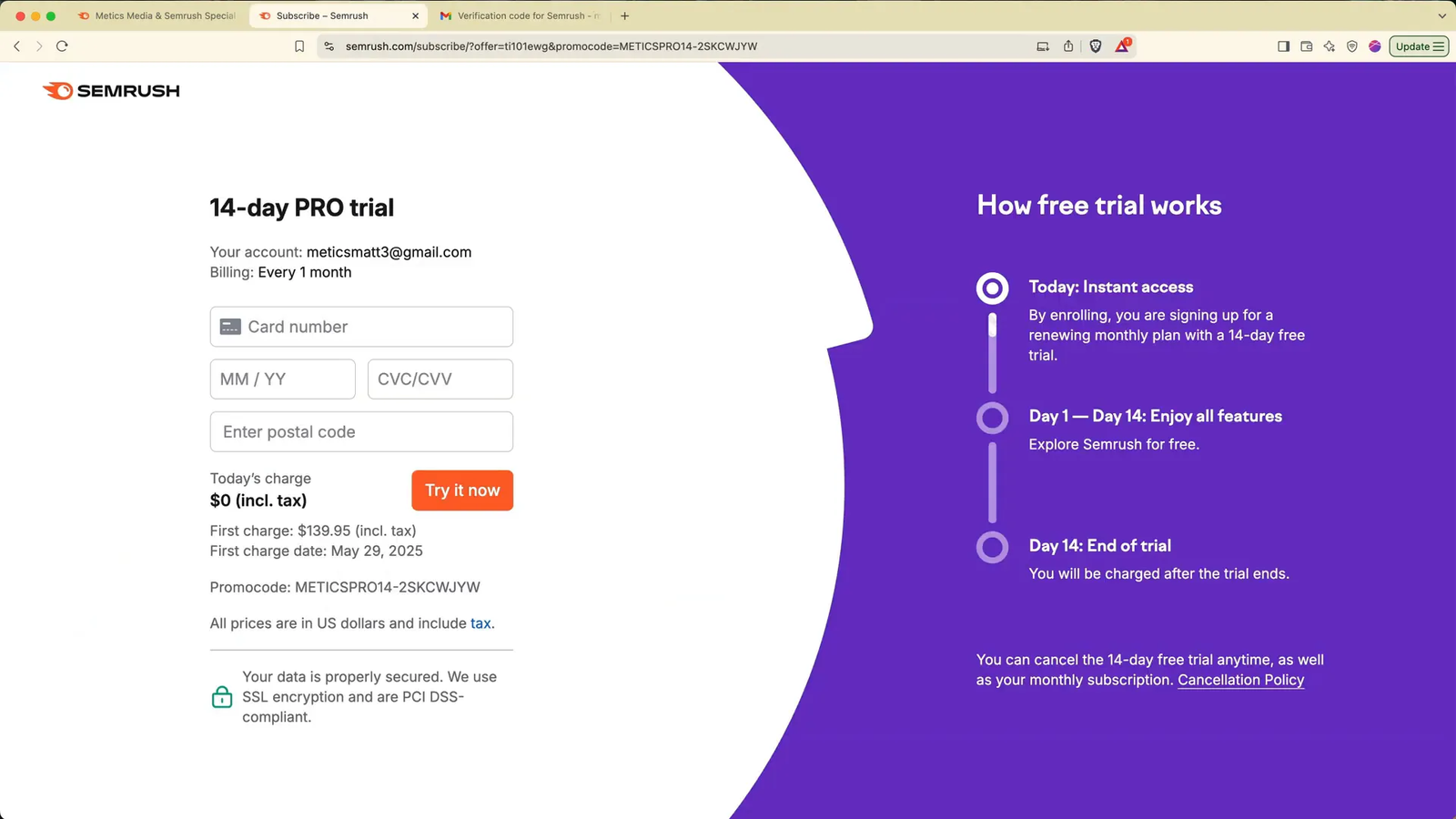 Semrush dashboard showing SEO project overview in 2025