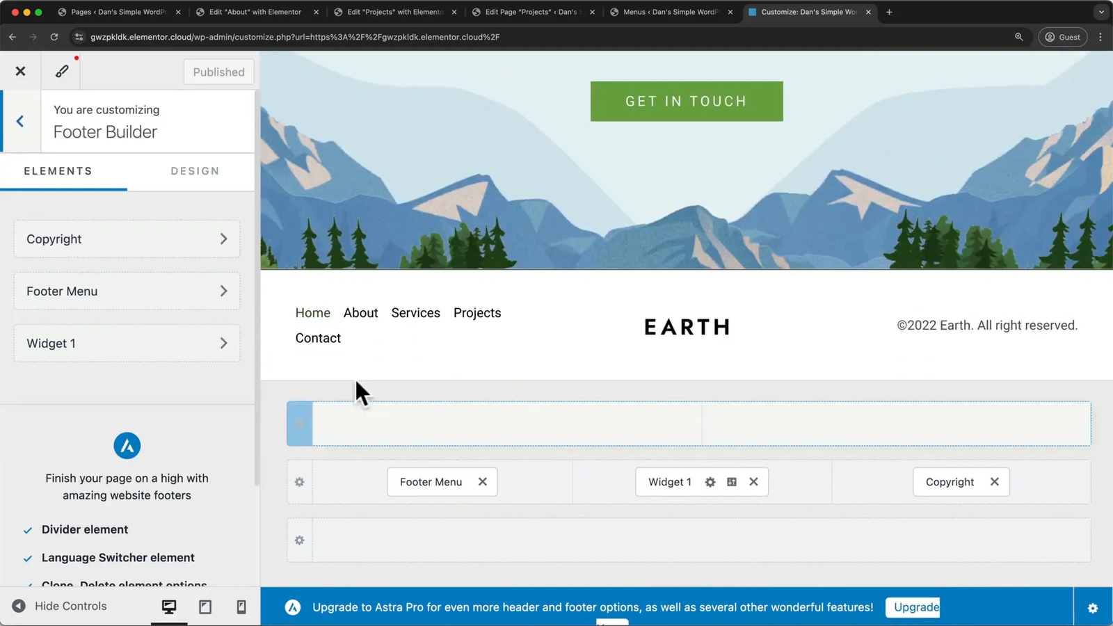 Elementor footer editing with copyright and logo customization