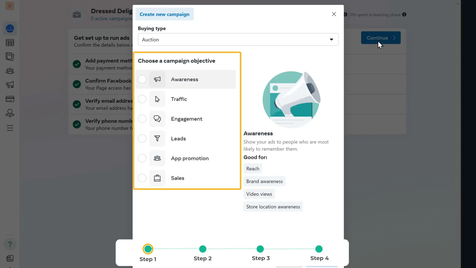 Choosing ad objective in Meta Ads Manager