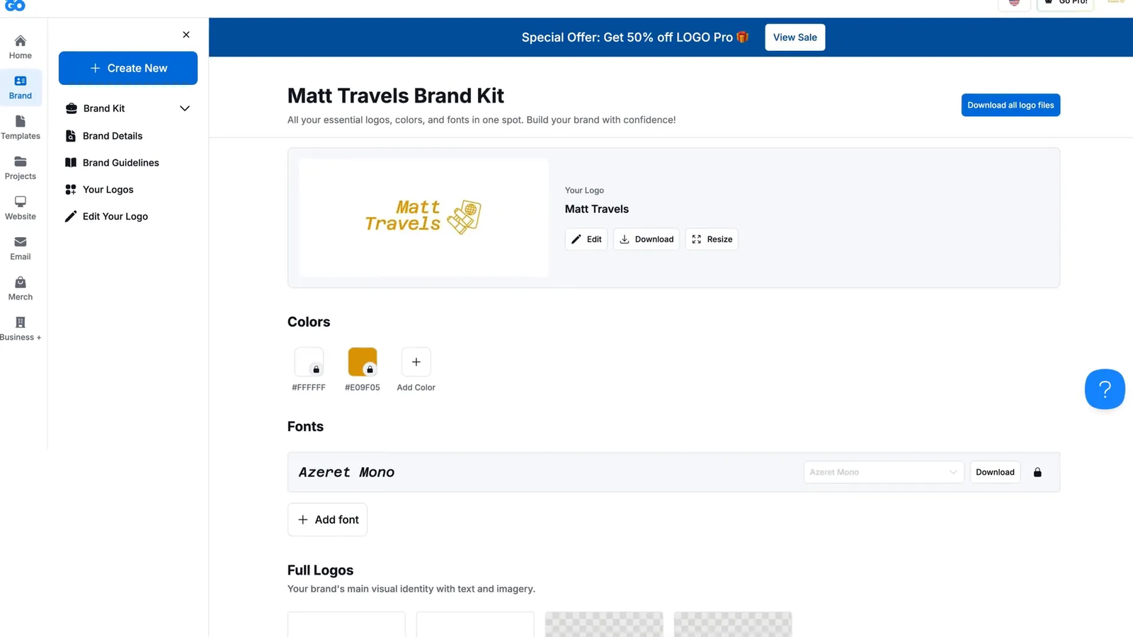 Uploading logo and choosing color palette with Starter Templates