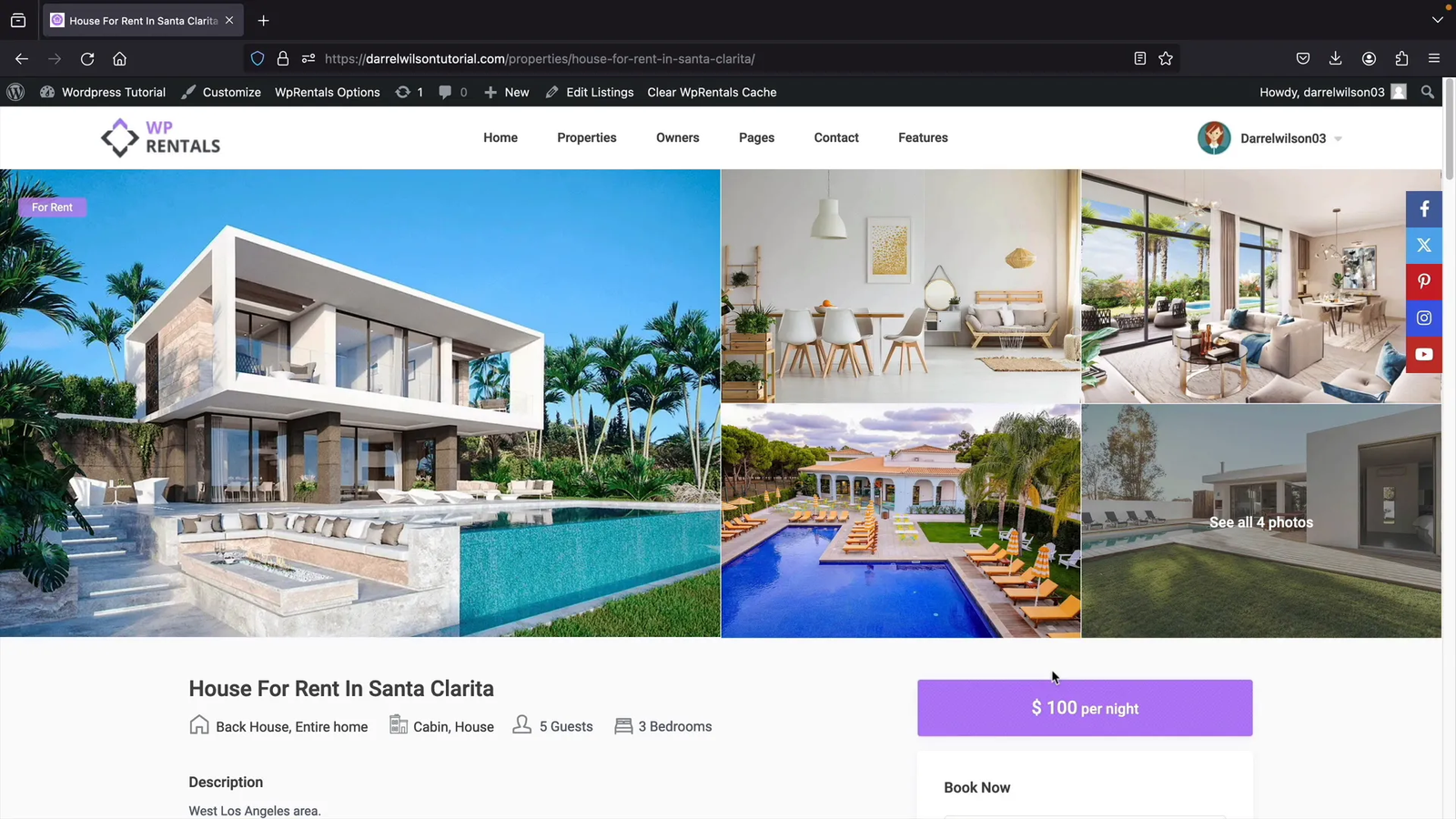 Example of a rental listing page with images and booking options