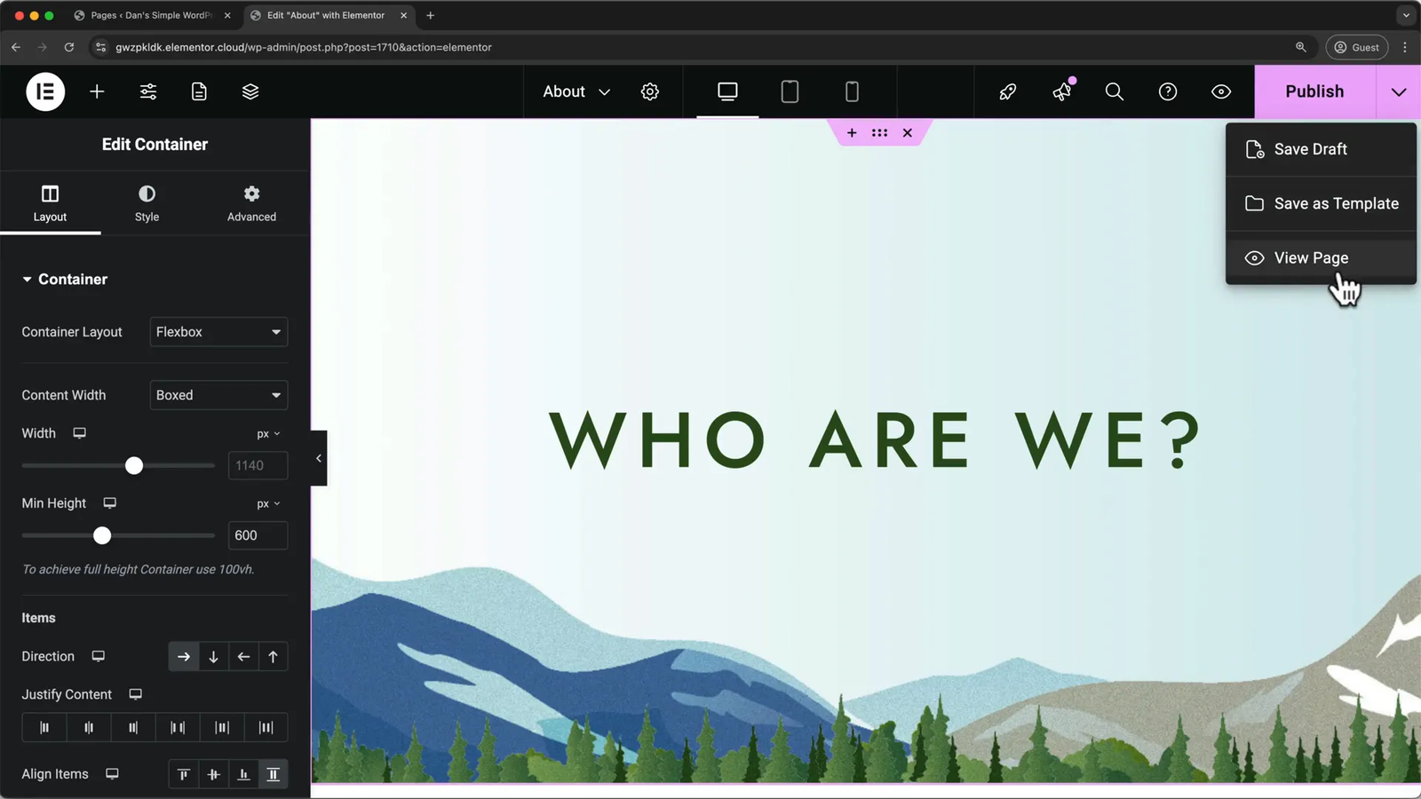 Elementor Flexbox container with three columns layout
