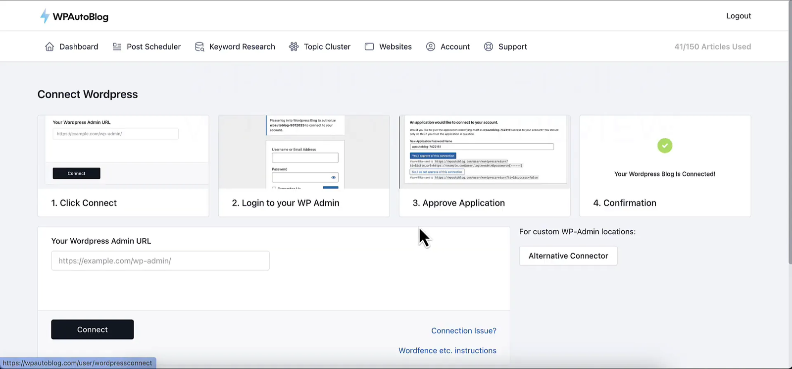 Connecting WordPress website to WP Auto Blog software