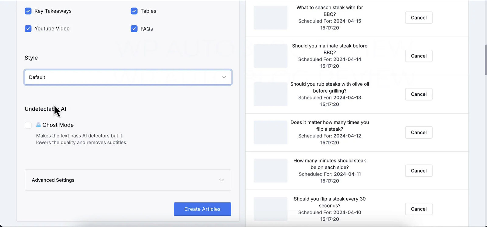 Ghost mode and advanced settings options in WP Auto Blog