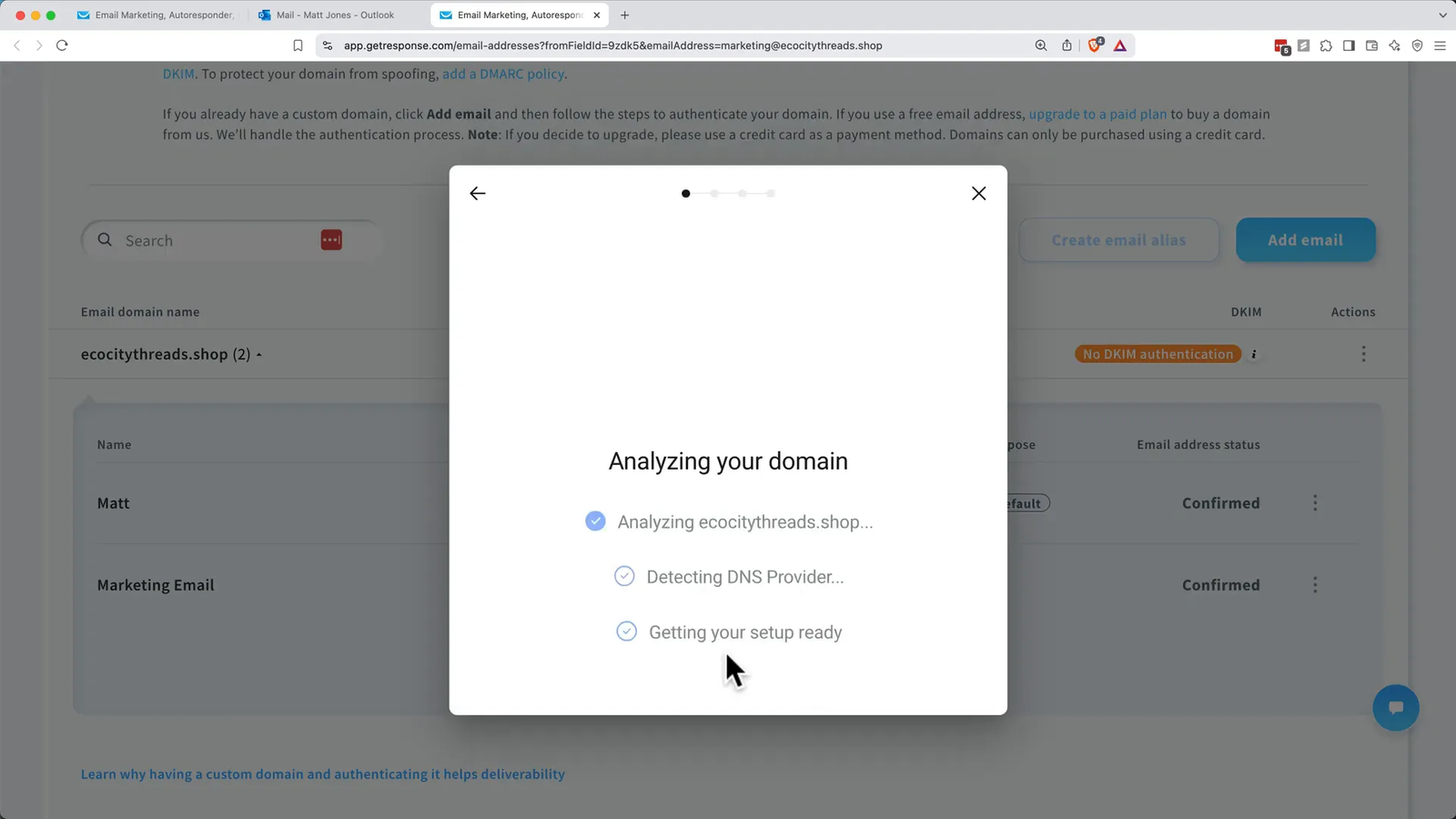 Authenticating professional email with GetResponse Entri tool