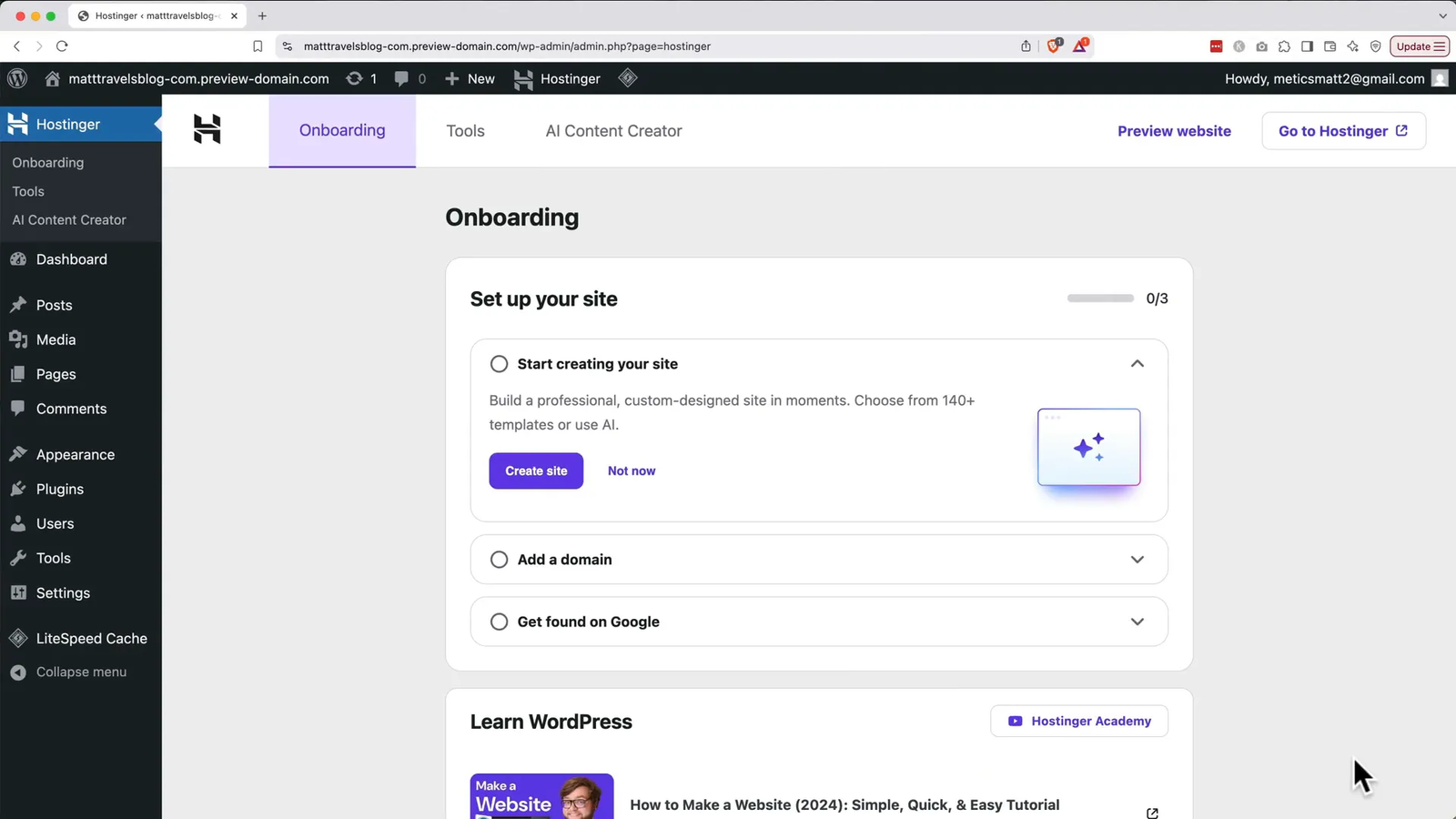 WordPress dashboard after installation