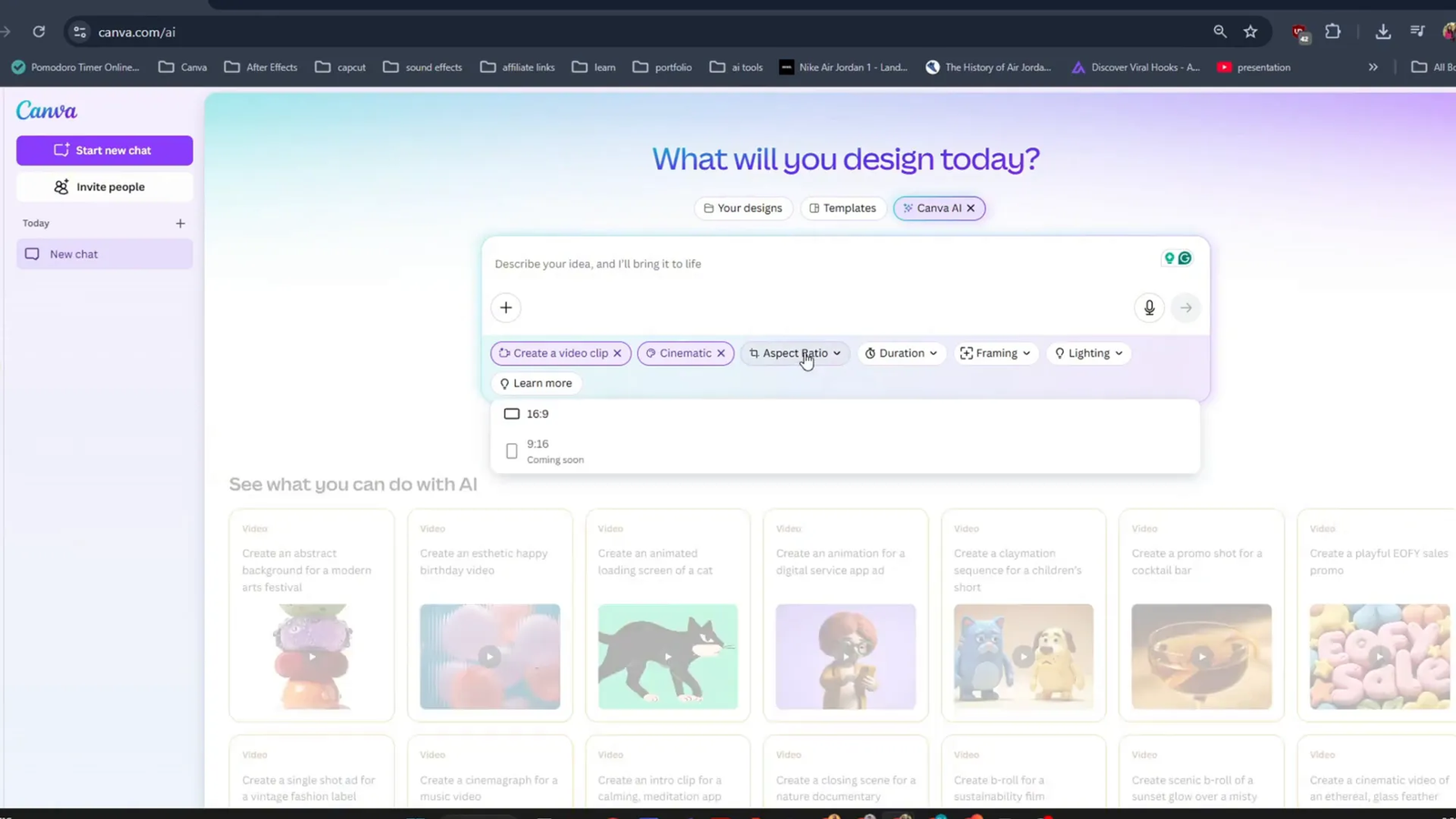 Aspect ratio selection in Canva AI video generation interface