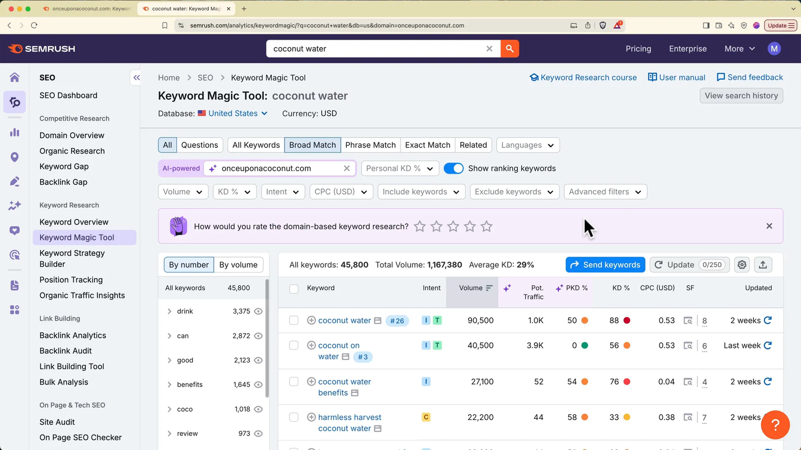 Semrush keyword magic tool keyword list with search intent