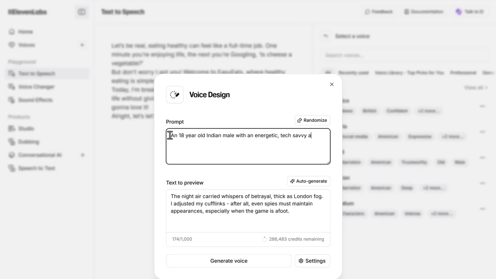 Custom AI voice design interface