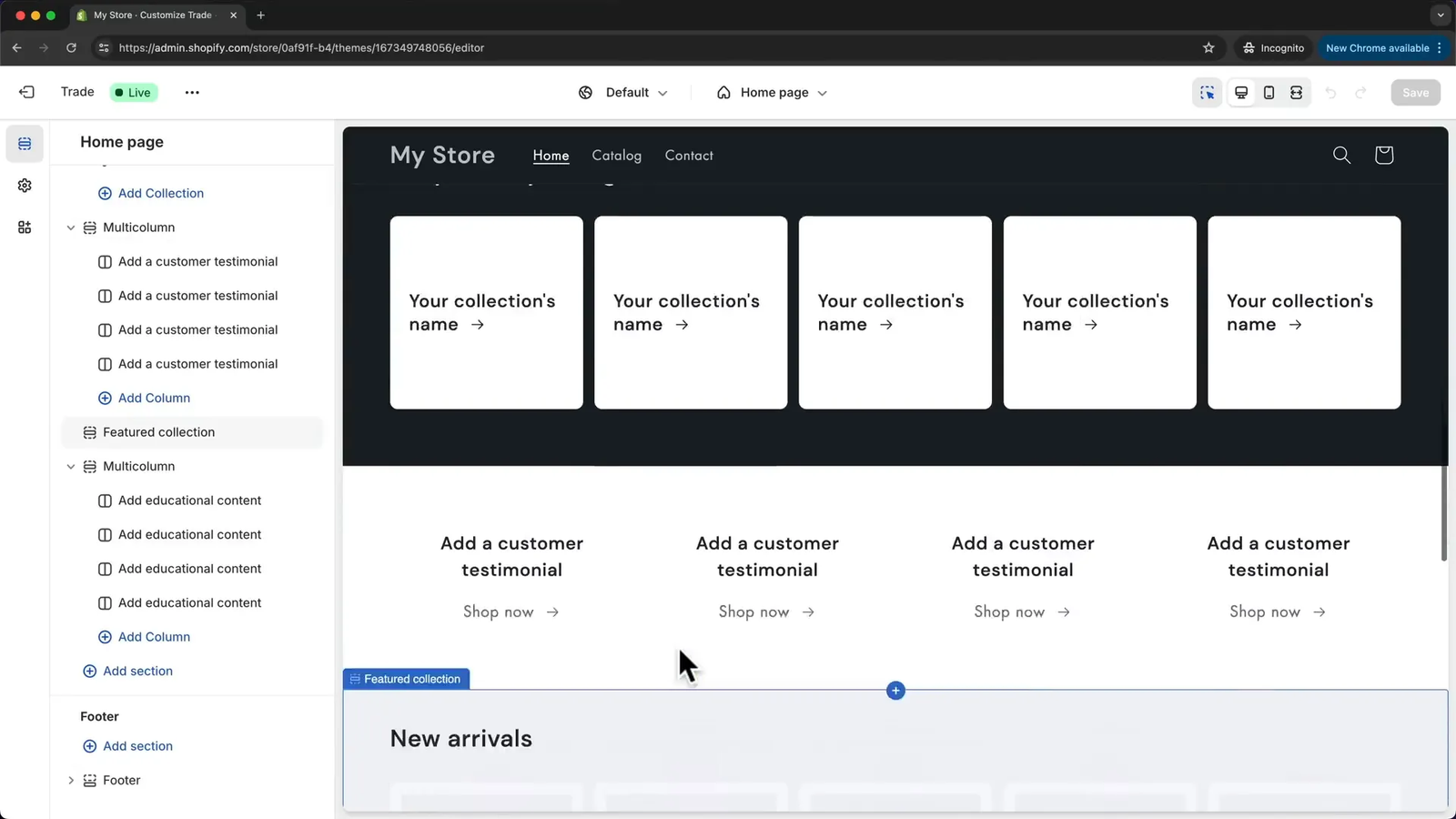 Shopify page builder overview with sections and blocks