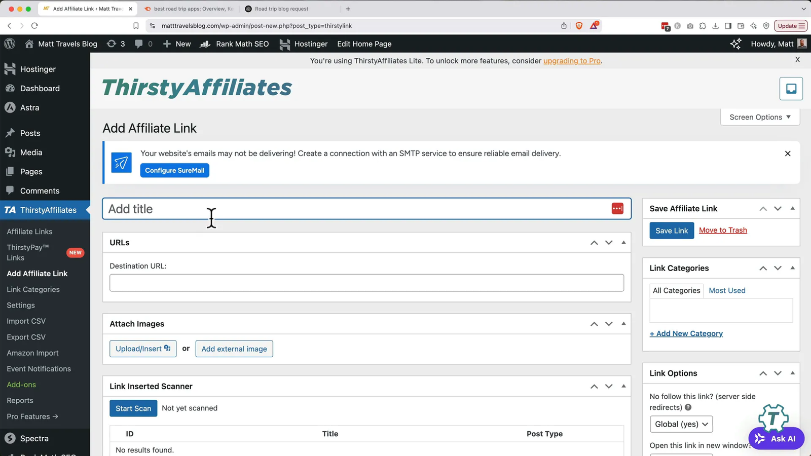 Adding affiliate links with ThirstyAffiliates plugin in WordPress