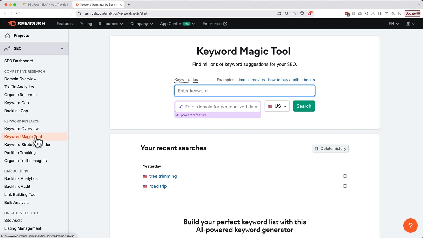Using Semrush Keyword Magic Tool to find low competition transactional keywords