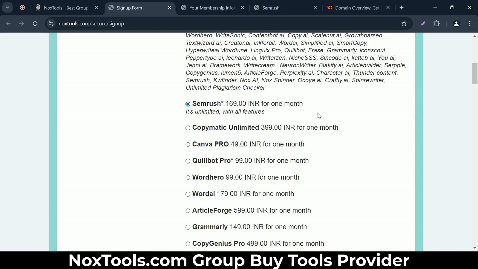 NoxTools purchase panel for SEO tools