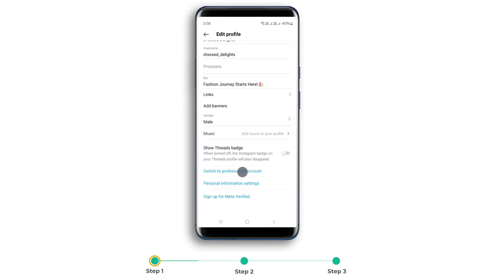 Switching Instagram account to business account screen