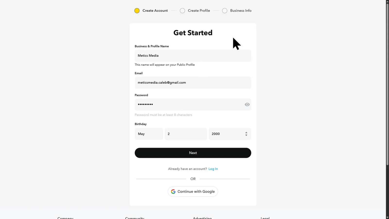 Snapchat Ads account sign-up page showing the Get Started button and form fields