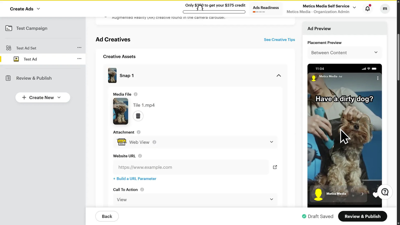 Uploading and previewing story ad tiles in Snapchat Ads Manager