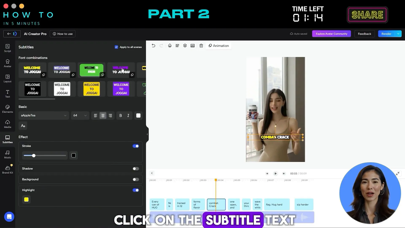 JoggAI video editor interface showing subtitle and music options