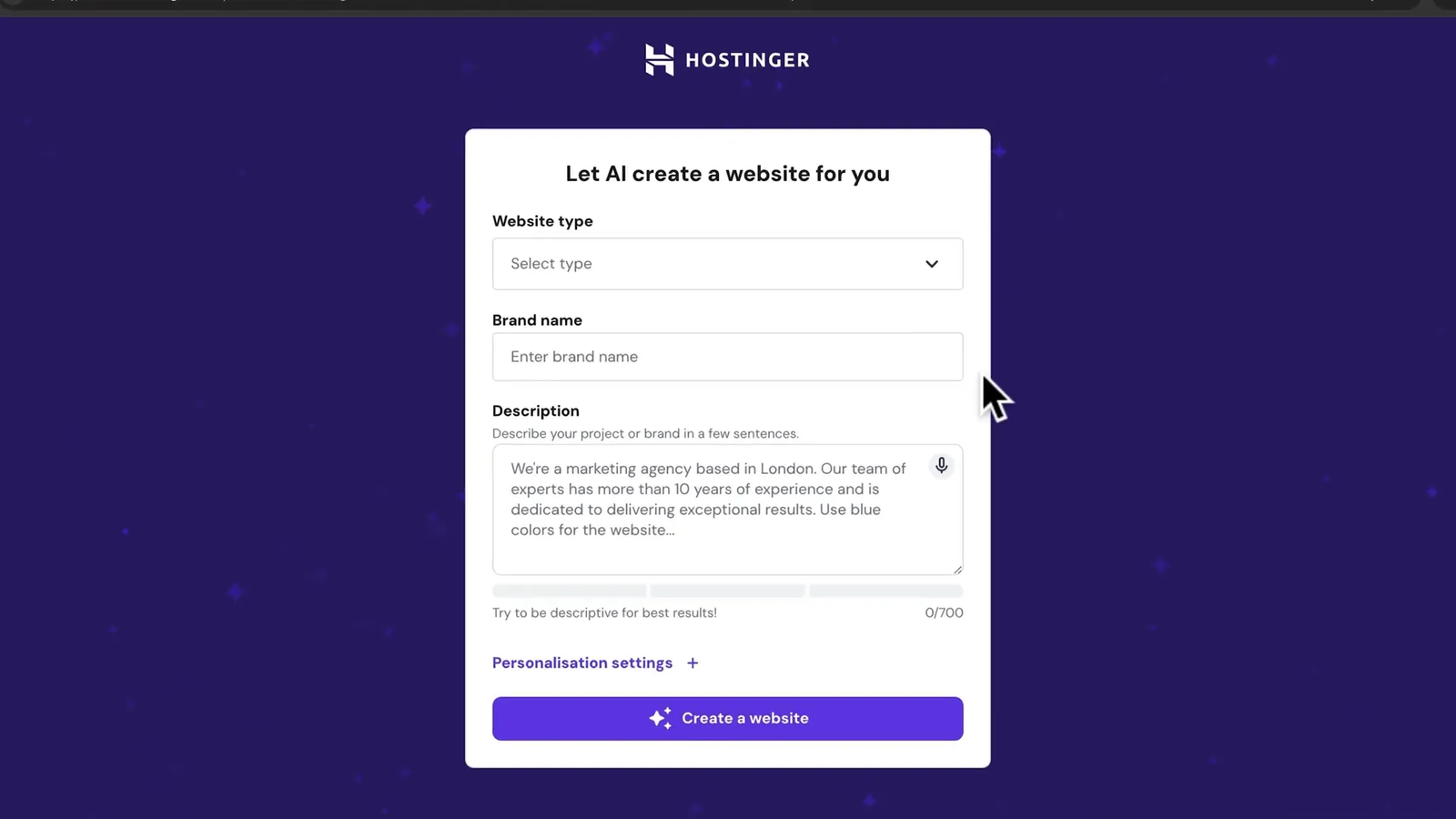 Hostinger AI website creation form