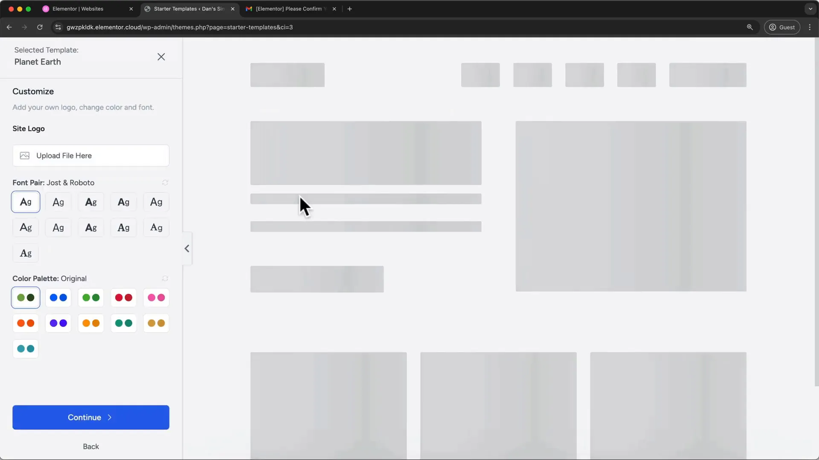 Elementor Starter Templates plugin selecting Planet Earth template