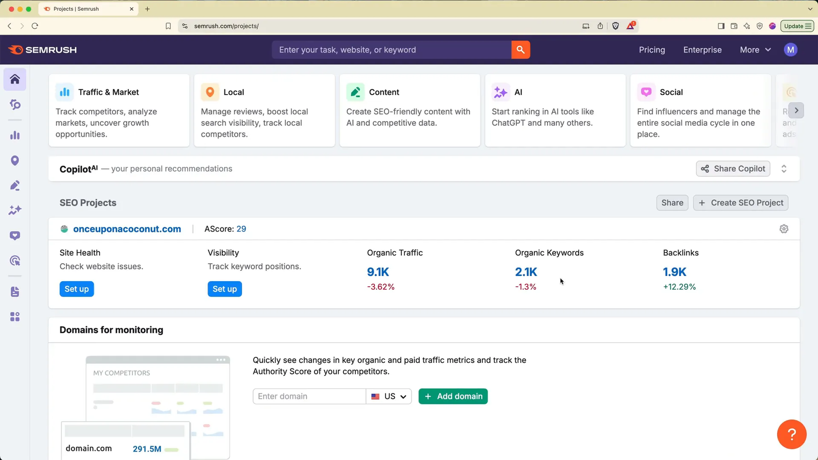 Semrush project setup and dashboard overview