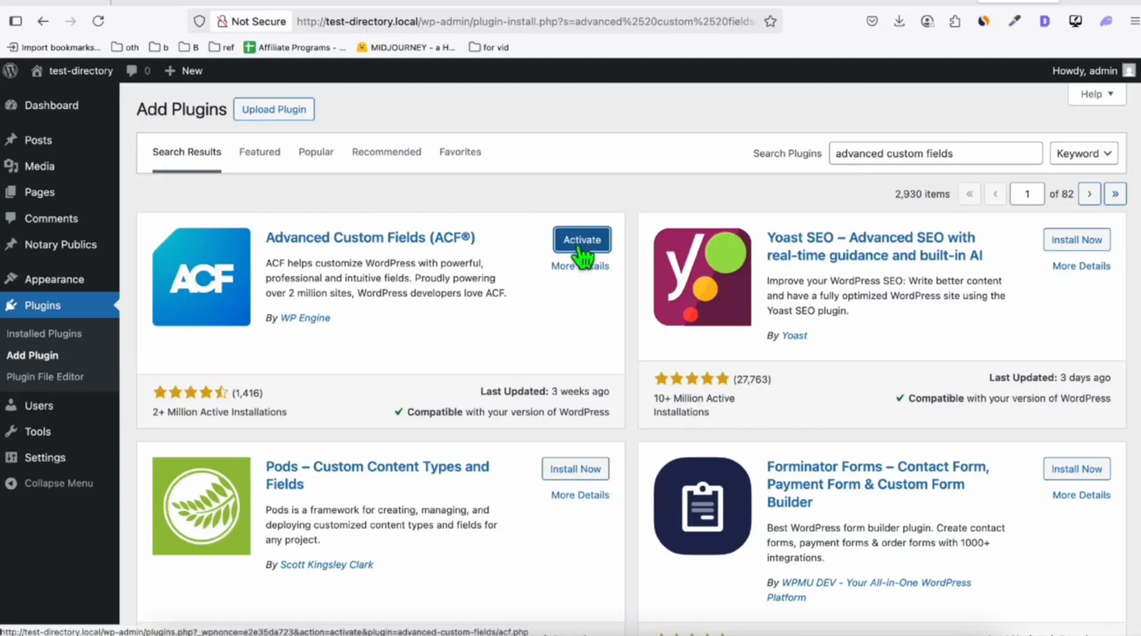 Installing and activating Advanced Custom Fields plugin in WordPress
