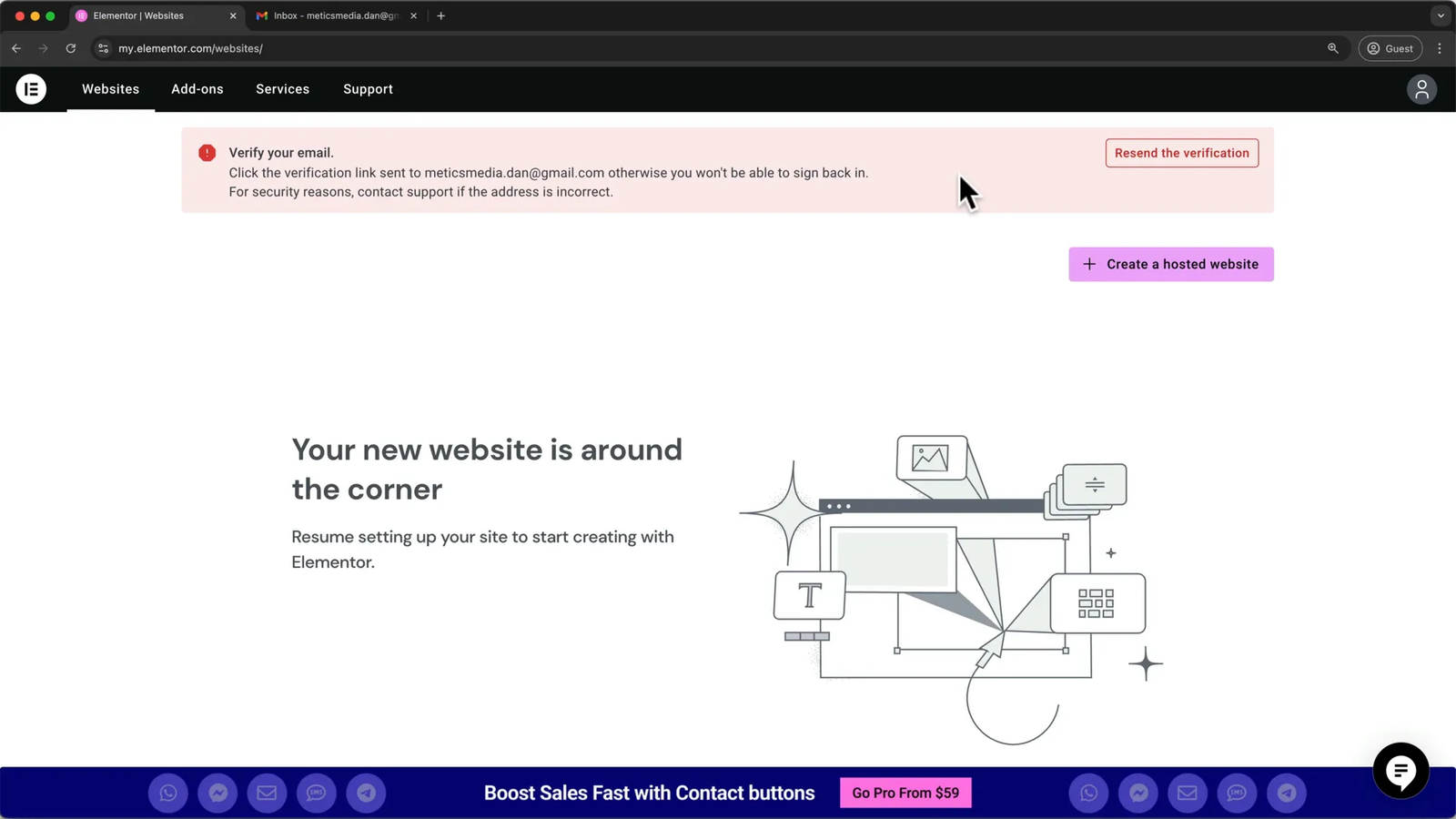 Elementor dashboard showing email verification notification