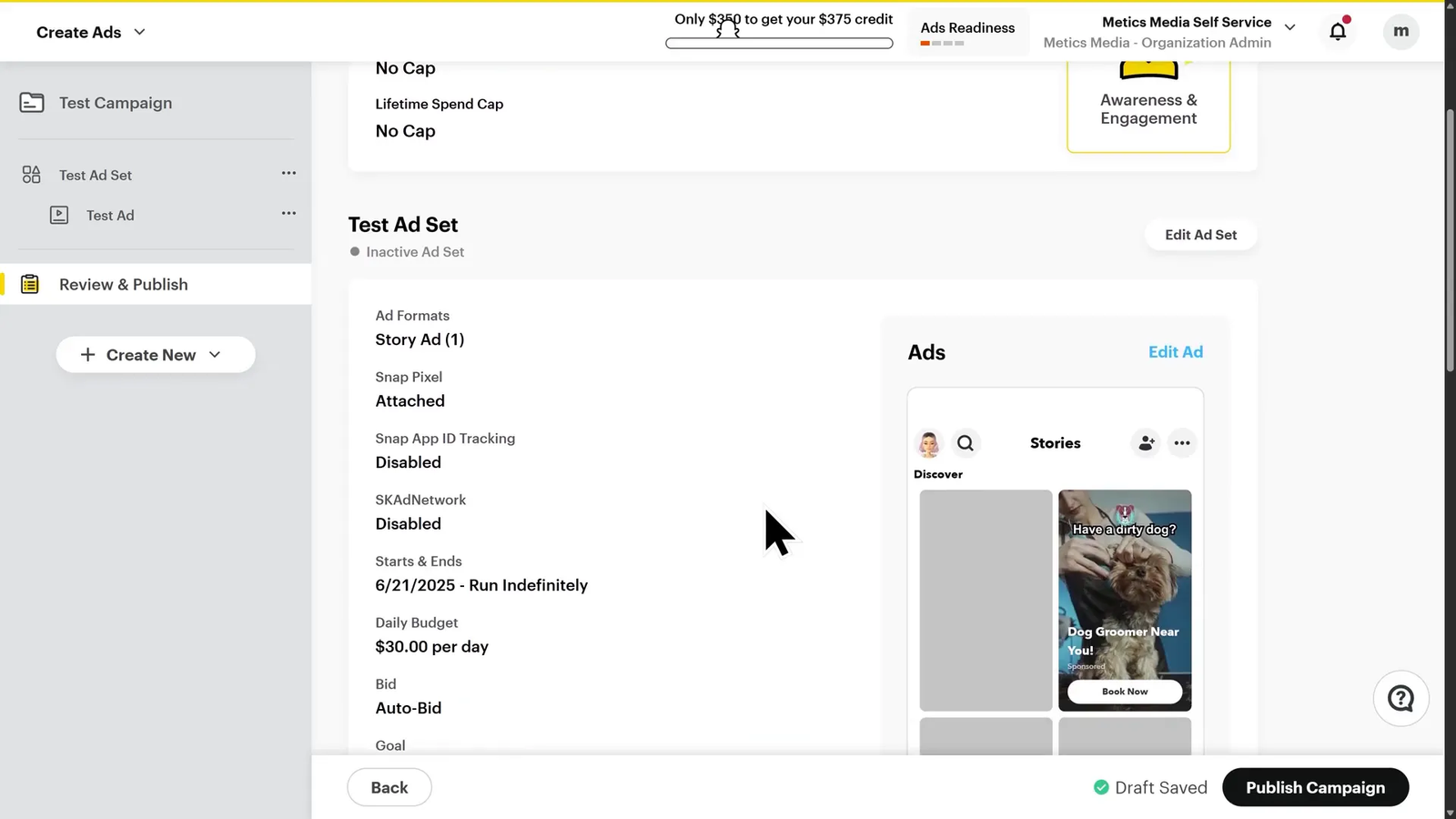 Review and publish screen for Snapchat Ads campaign