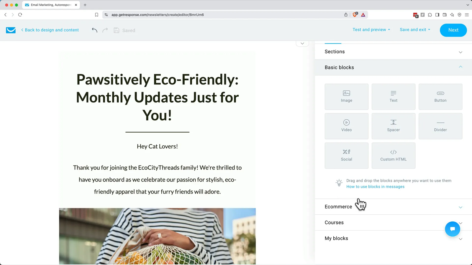 Editing email newsletter with GetResponse drag-and-drop editor
