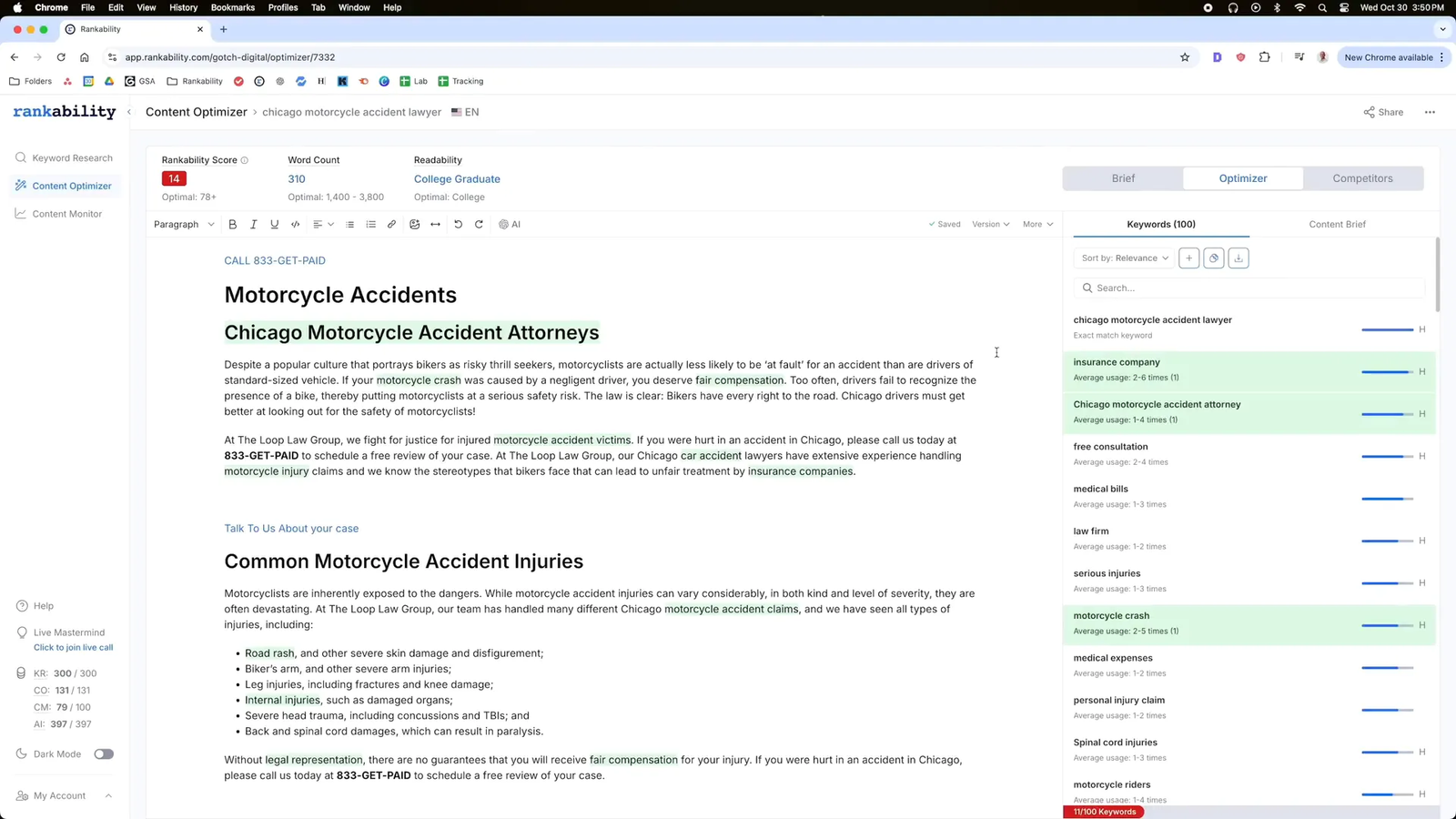Rankability NLP content optimizer interface