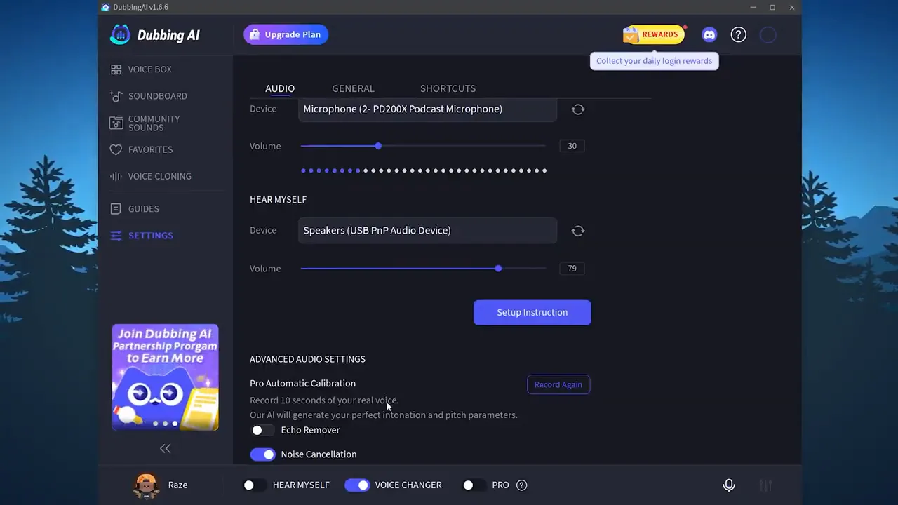 Dubbing AI settings menu with input/output and theme options
