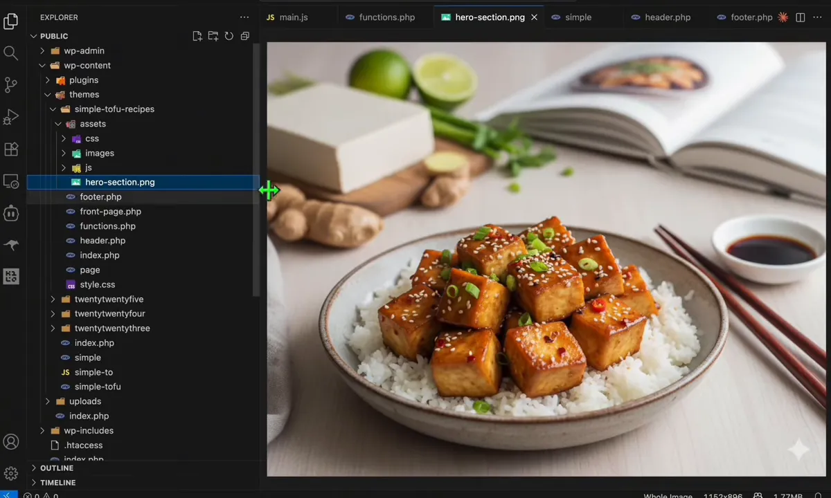 Dragging and renaming a hero section image into the theme assets folder