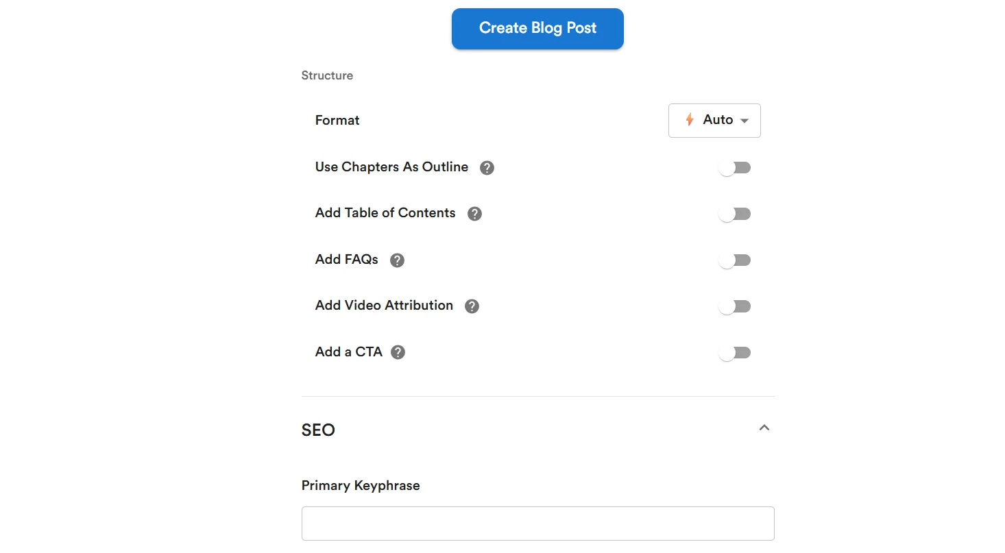 SEO, tone, language, and keyword settings for a video-to-blog draft